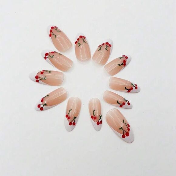 Whimsy Kawaii Cottagecore 24 Piece Cherry French Tip Almond Shape Nails - Picture 4 of 11